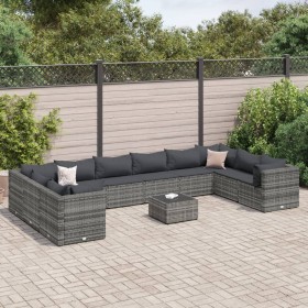 vidaXL 11-tlg. Garten-Lounge-Set mit Kissen Grau Poly Rattan