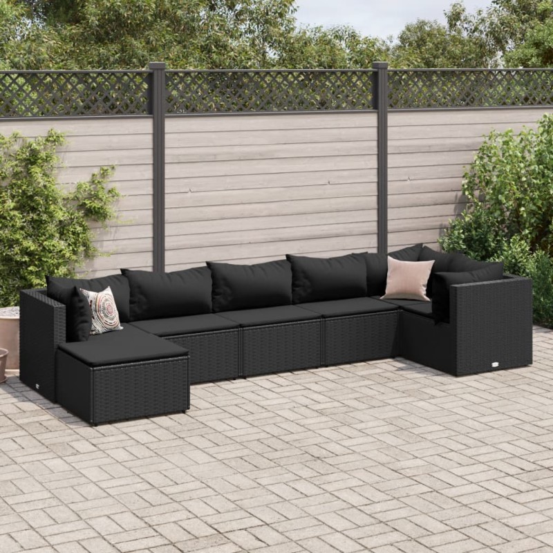 vidaXL 7-tlg. Garten-Lounge-Set mit Kissen Schwarz Poly Rattan vidaXL 7-tlg. Garten-Lounge-Set mit Kissen Schwarz Poly Rattan