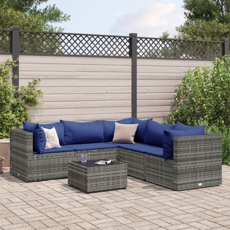 vidaXL 6-tlg. Garten-Lounge-Set mit Kissen Grau Poly Rattan vidaXL 6-tlg. Garten-Lounge-Set mit Kissen Grau Poly Rattan