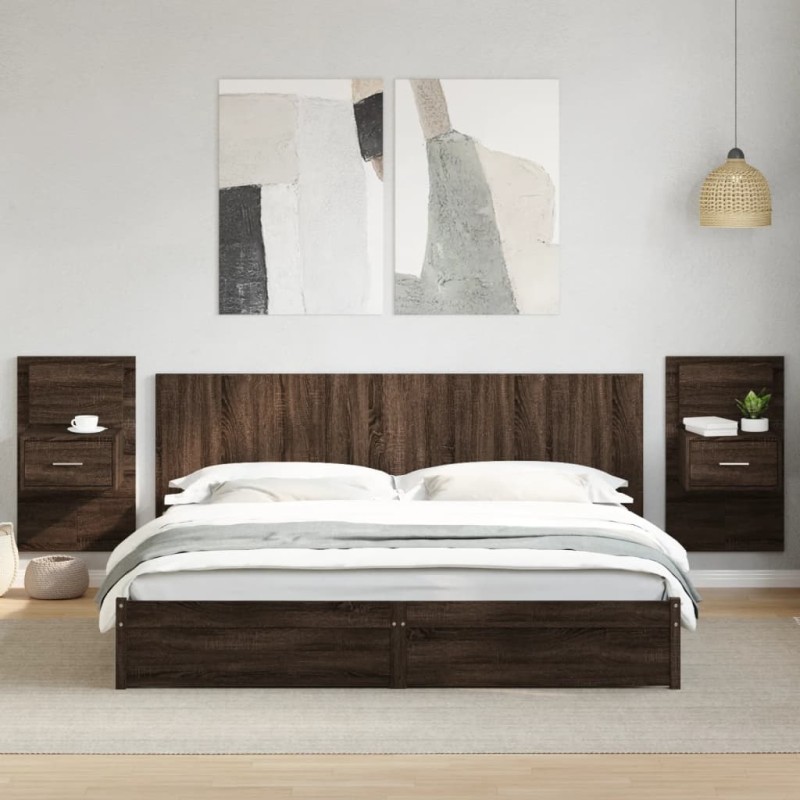 vidaXL Kopfteil mit Nachttischen Braun Eiche 200 cm Holzwerkstoff vidaXL Kopfteil mit Nachttischen Braun Eiche 200 cm Holzwerkstoff