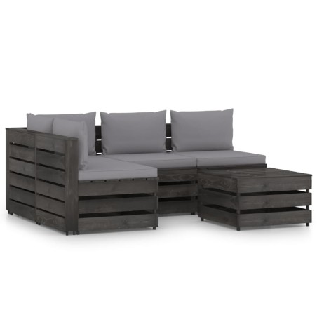 5-tlg. Garten-Lounge-Set mit Kissen Grau Imprägniertes Holz