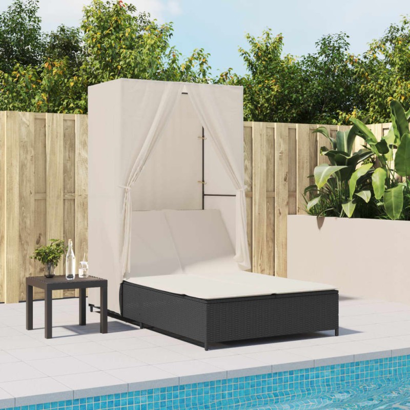 vidaXL Doppel-Sonnenliege mit Dach und Vorhängen Schwarz Poly-Rattan vidaXL Doppel-Sonnenliege mit Dach und Vorhängen Schwarz Poly-Rattan