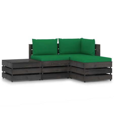 4-tlg. Garten-Lounge-Set mit Kissen Grau Imprägniertes Holz
