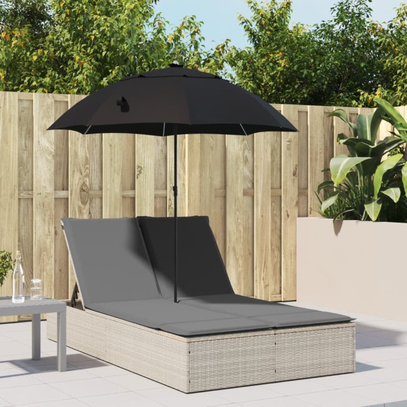 vidaXL Doppel-Sonnenliege mit Kissen & Schirm Hellgrau Poly Rattan vidaXL Doppel-Sonnenliege mit Kissen & Schirm Hellgrau Poly Rattan