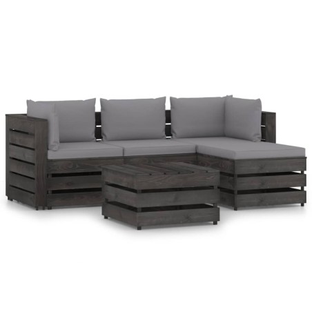 5-tlg. Garten-Lounge-Set mit Kissen Grau Imprägniertes Holz