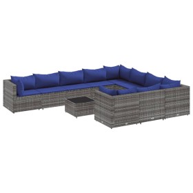 vidaXL 11-tlg. Garten-Sofagarnitur mit Kissen Grau Poly Rattan