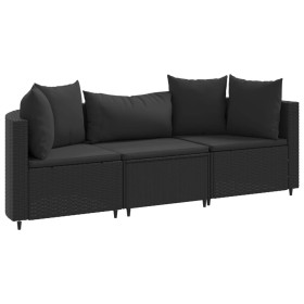 vidaXL 3-tlg. Garten-Sofagarnitur mit Kissen Schwarz Poly Rattan