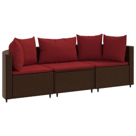 vidaXL 3-tlg. Garten-Sofagarnitur mit Kissen Braun Poly Rattan
