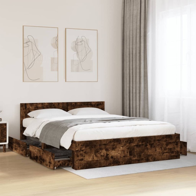 vidaXL Bettgestell mit Kopfteil Räuchereiche 160x200 cm Holzwerkstoff vidaXL Bettgestell mit Kopfteil Räuchereiche 160x200 cm Holzwerkstoff