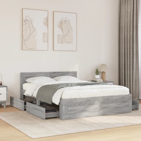 vidaXL Bettgestell mit Kopfteil Grau Sonoma 135x190 cm Holzwerkstoff