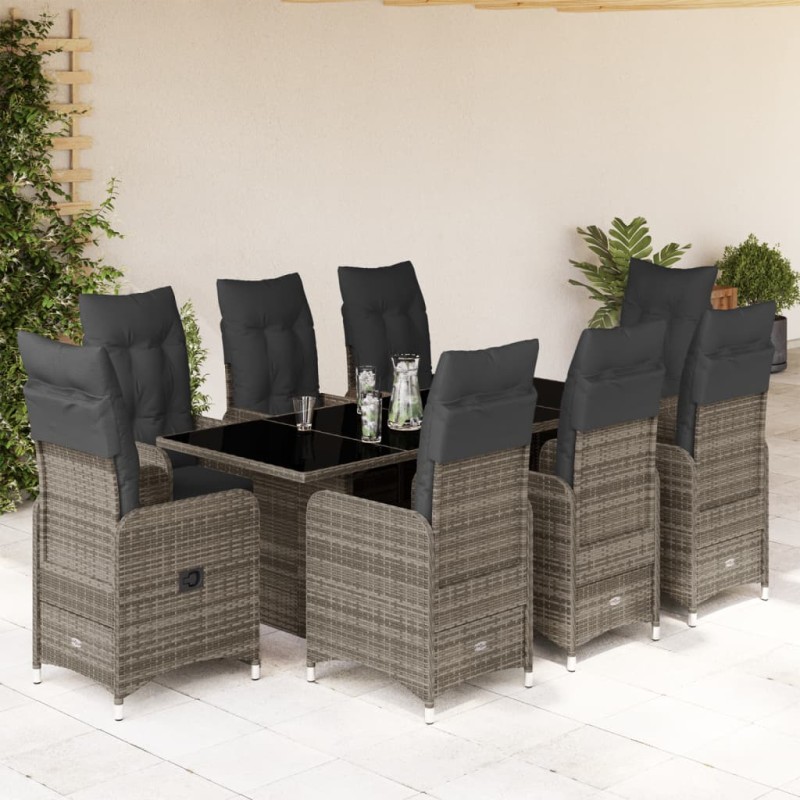 vidaXL 9-tlg. Garten-Bistro-Set mit Kissen Grau Poly Rattan vidaXL 9-tlg. Garten-Bistro-Set mit Kissen Grau Poly Rattan