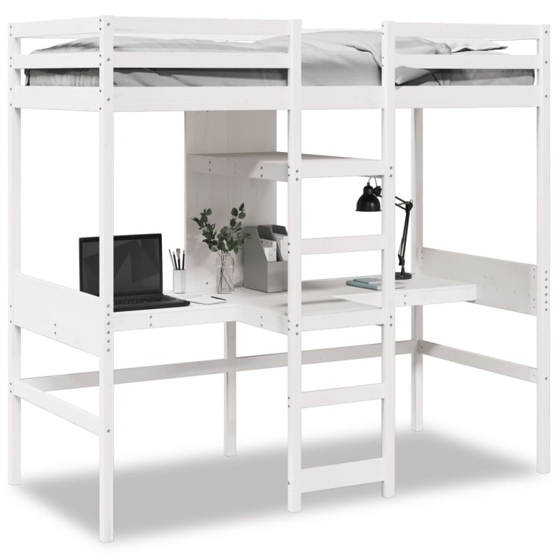 vidaXL Hochbett mit Schreibtisch & Ablagen Weiß 90x200 cm Kiefernholz vidaXL Hochbett mit Schreibtisch & Ablagen Weiß 90x200 cm Kiefernholz
