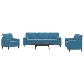 vidaXL 3-tlg. Sofagarnitur mit Kissen und Nackenrollen Blau Samt