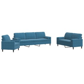 vidaXL 3-tlg. Sofagarnitur mit Kissen und Nackenrollen Blau Samt