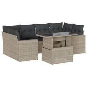 vidaXL 7-tlg. Garten-Sofagarnitur mit Kissen Hellgrau Poly Rattan