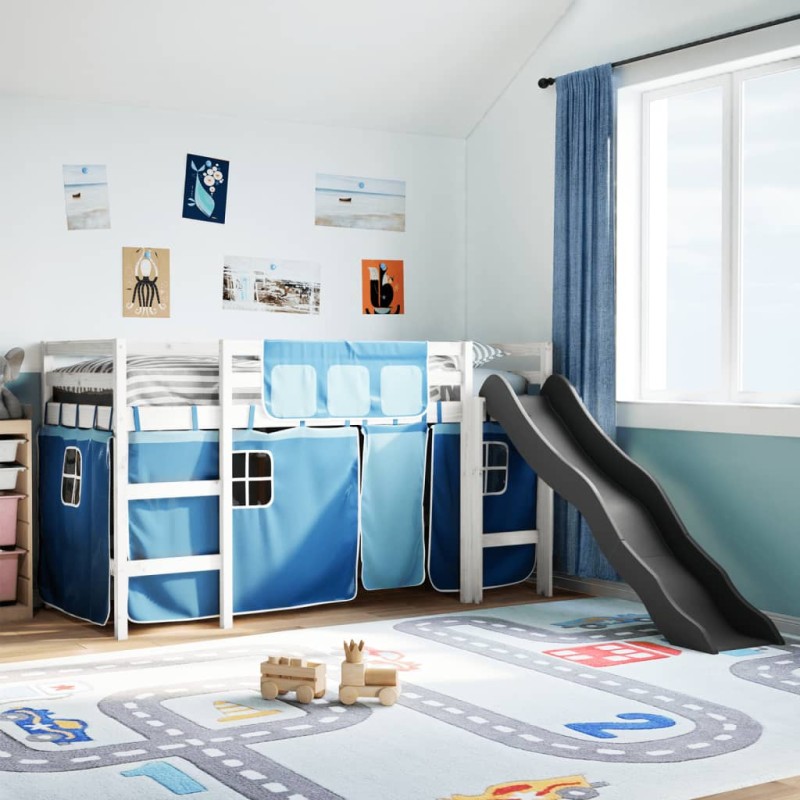 vidaXL Kinderhochbett mit Vorhängen Blau 80x200 cm Massivholz Kiefer vidaXL Kinderhochbett mit Vorhängen Blau 80x200 cm Massivholz Kiefer