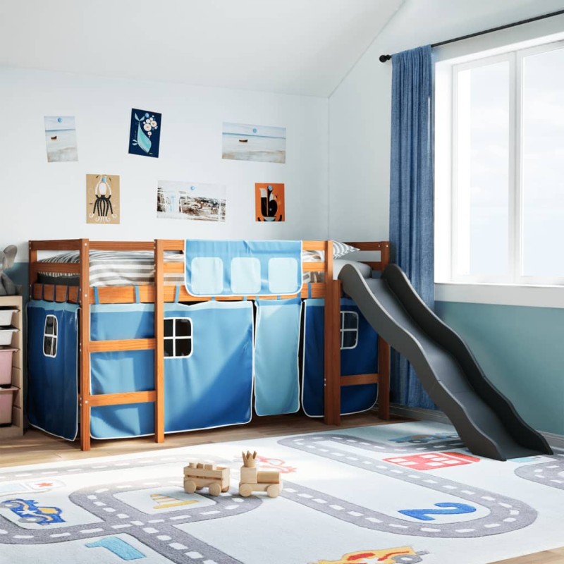 vidaXL Kinderhochbett mit Vorhängen Blau 90x200 cm Massivholz Kiefer vidaXL Kinderhochbett mit Vorhängen Blau 90x200 cm Massivholz Kiefer