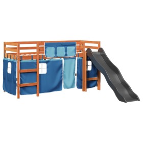 vidaXL Kinderhochbett mit Vorhängen Blau 90x200 cm Massivholz Kiefer