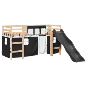 vidaXL Kinderhochbett mit Vorhängen Weiß Schwarz 90x190 cm Kiefernholz