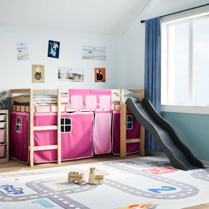 vidaXL Kinderhochbett mit Vorhängen Rosa 90x200 cm Massivholz Kiefer vidaXL Kinderhochbett mit Vorhängen Rosa 90x200 cm Massivholz Kiefer