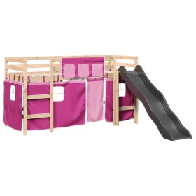 vidaXL Kinderhochbett mit Vorhängen Rosa 90x200 cm Massivholz Kiefer