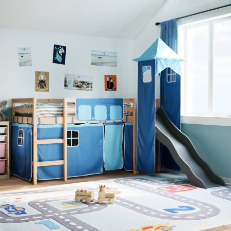 vidaXL Kinderhochbett mit Turm Blau 90x190 cm Massivholz Kiefer