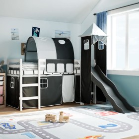 vidaXL Kinderhochbett mit Turm Weiß & Schwarz 90x190 cm Kiefernholz
