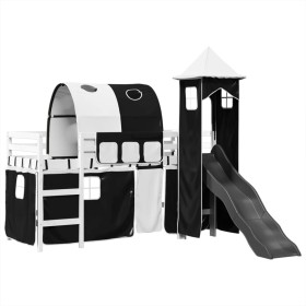 vidaXL Kinderhochbett mit Turm Weiß & Schwarz 90x190 cm Kiefernholz