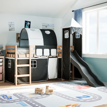 vidaXL Kinderhochbett mit Turm Weiß & Schwarz 80x200 cm Kiefernholz