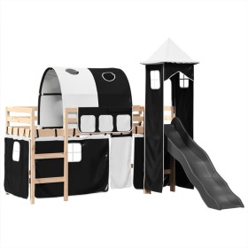vidaXL Kinderhochbett mit Turm Weiß & Schwarz 80x200 cm Kiefernholz