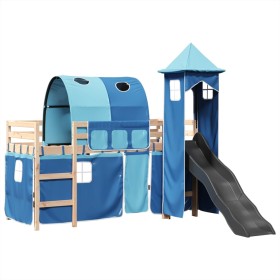 vidaXL Kinderhochbett mit Turm Blau 90x190 cm Massivholz Kiefer