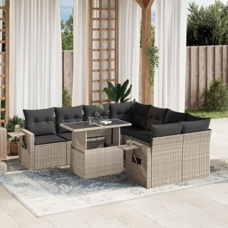 vidaXL 9-tlg. Garten-Sofagarnitur mit Kissen Hellgrau Poly Rattan