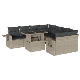 vidaXL 9-tlg. Garten-Sofagarnitur mit Kissen Hellgrau Poly Rattan