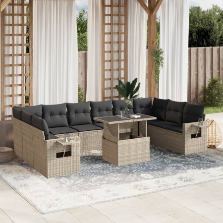 vidaXL 11-tlg. Garten-Sofagarnitur mit Kissen Hellgrau Poly Rattan