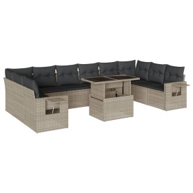 vidaXL 11-tlg. Garten-Sofagarnitur mit Kissen Hellgrau Poly Rattan