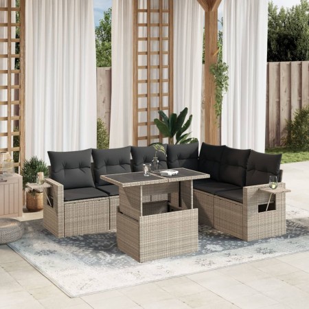 vidaXL 7-tlg. Garten-Sofagarnitur mit Kissen Hellgrau Poly Rattan