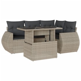 vidaXL 5-tlg. Garten-Sofagarnitur mit Kissen Hellgrau Poly Rattan