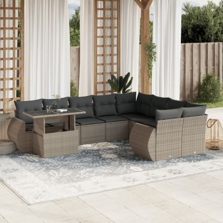 vidaXL 10-tlg. Garten-Sofagarnitur mit Kissen Hellgrau Poly Rattan