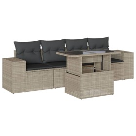 vidaXL 5-tlg. Garten-Sofagarnitur mit Kissen Hellgrau Poly Rattan