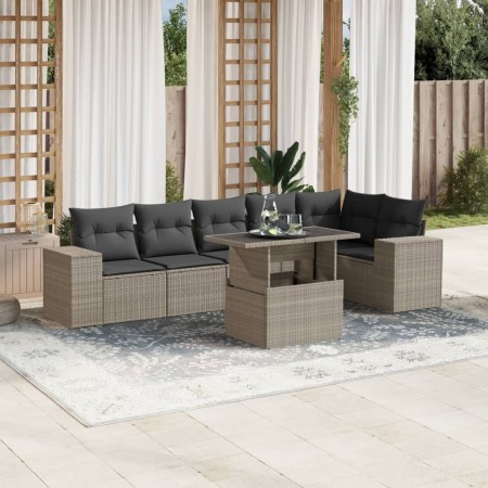vidaXL 7-tlg. Garten-Sofagarnitur mit Kissen Hellgrau Poly Rattan