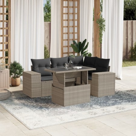 vidaXL 5-tlg. Garten-Sofagarnitur mit Kissen Hellgrau Poly Rattan