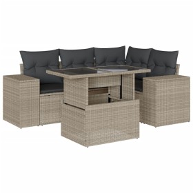 vidaXL 5-tlg. Garten-Sofagarnitur mit Kissen Hellgrau Poly Rattan