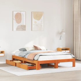 vidaXL Massivholzbett ohne Matratze Wachsbraun 140x200 cm Kiefernholz
