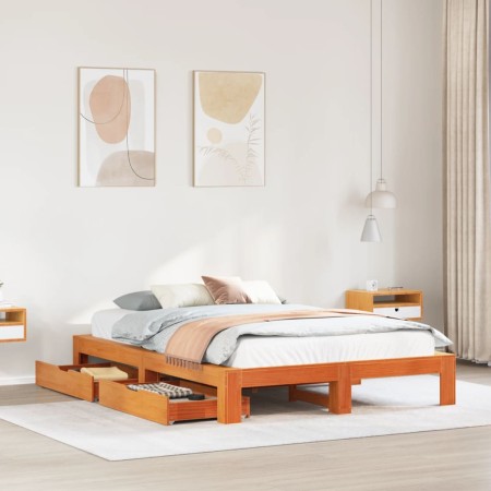 vidaXL Massivholzbett ohne Matratze Wachsbraun 140x200 cm Kiefernholz