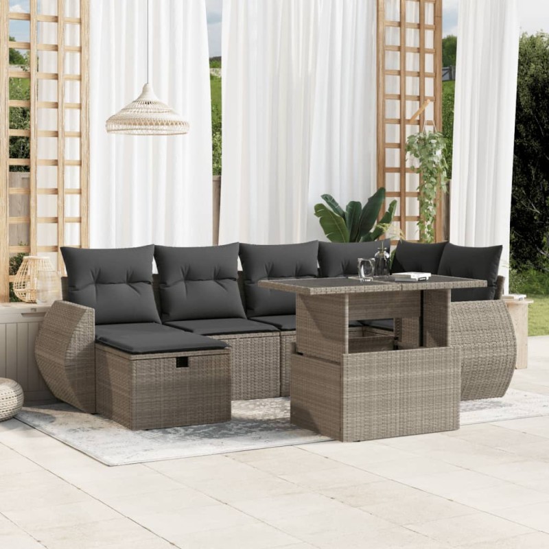 vidaXL 7-tlg. Garten-Sofagarnitur mit Kissen Hellgrau Poly Rattan