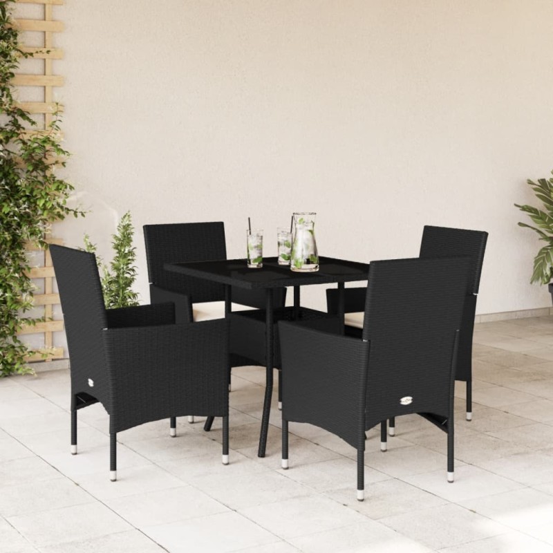 vidaXL 5-tlg. Garten-Essgruppe mit Kissen Schwarz Poly Rattan und Glas vidaXL 5-tlg. Garten-Essgruppe mit Kissen Schwarz Poly Rattan und Glas