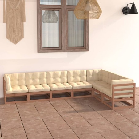 7-tlg. Garten-Lounge-Set Kissen Honigbraun Kiefer Massivholz