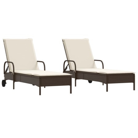vidaXL Sonnenliegen mit Auflagen 2 Stk. Braun Poly Rattan