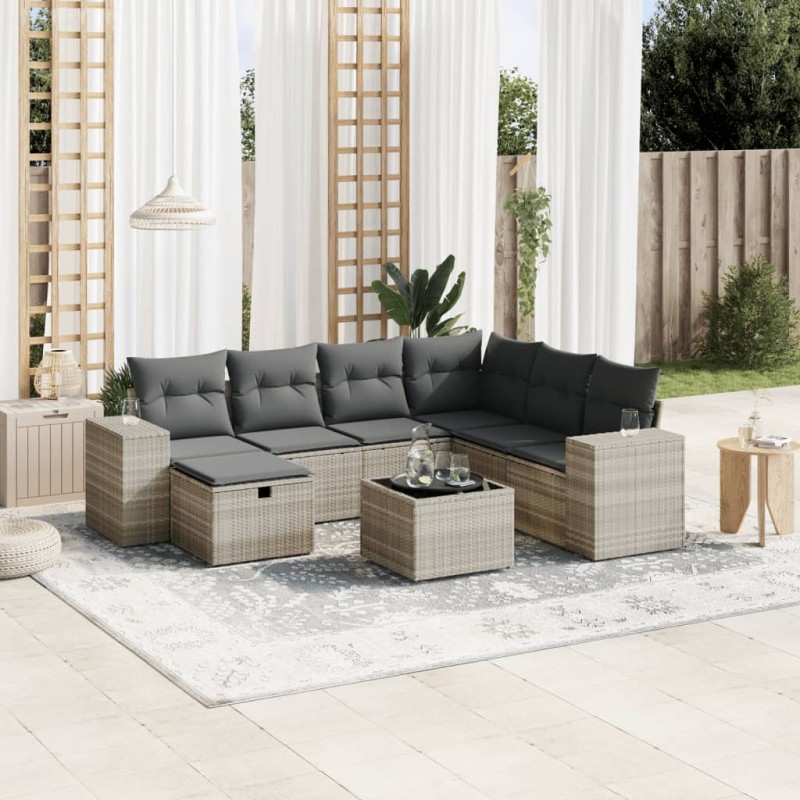 vidaXL 8-tlg. Garten-Sofagarnitur mit Kissen Hellgrau Poly Rattan vidaXL 8-tlg. Garten-Sofagarnitur mit Kissen Hellgrau Poly Rattan