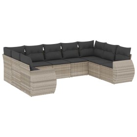 vidaXL 9-tlg. Garten-Sofagarnitur mit Kissen Hellgrau Poly Rattan